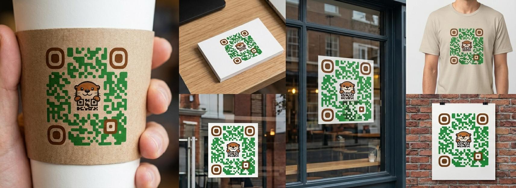 Eksempel på samme QR design brugt på tværs af flere trykte og digitale flader.